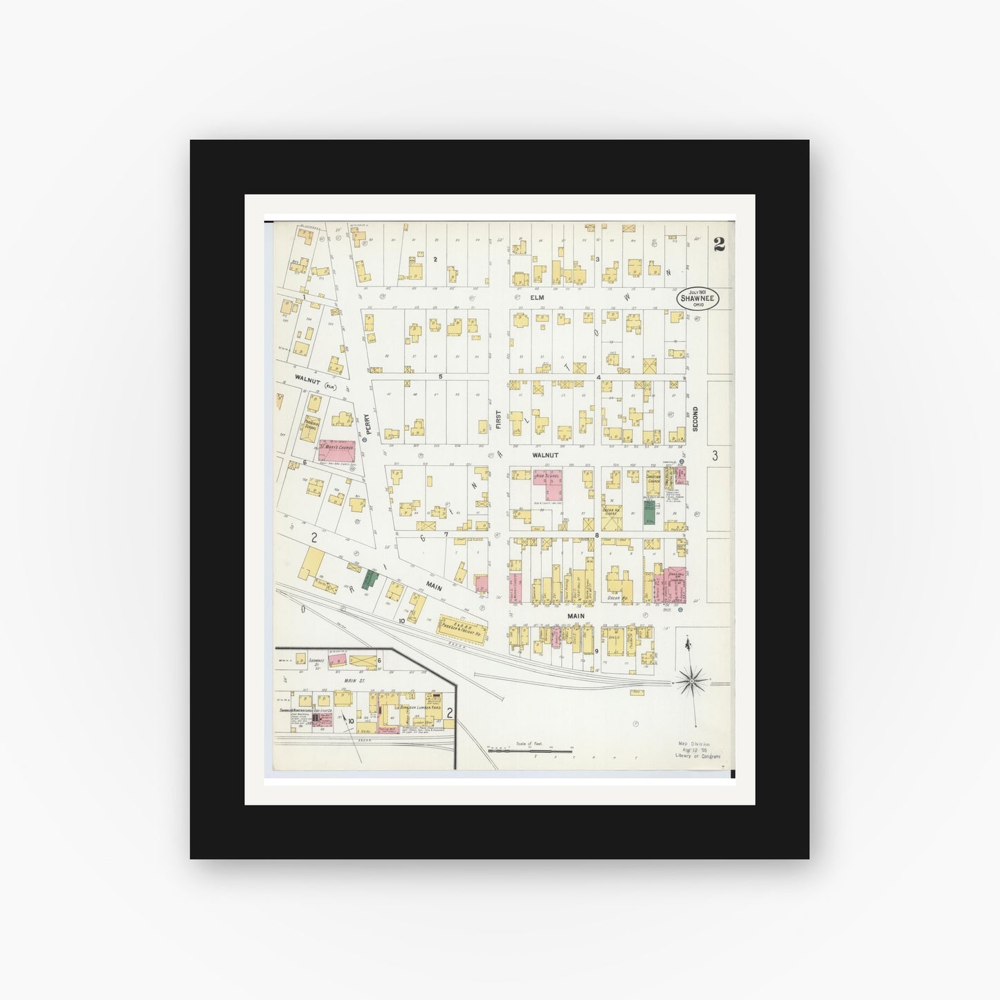 Old map wall art mockup — black gallery frame with white mat — Sanborn Fire Insurance Map from Shawnee, Perry County, Ohio (1901), Sheet #0002