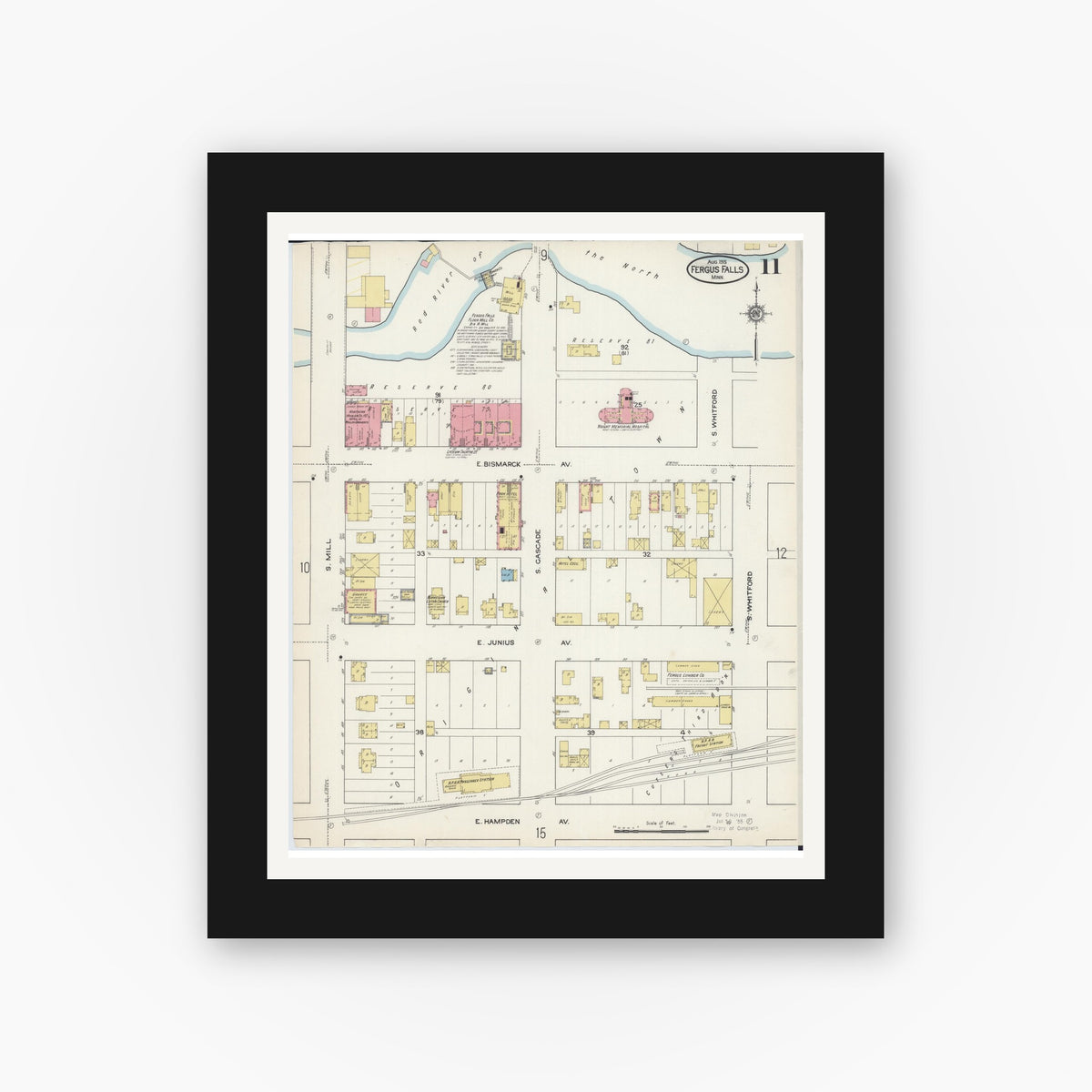 Old map wall art mockup — black gallery frame with white mat — Sanborn Fire Insurance Map from Fergus Falls, Otter Tail County, Minnesota (1915), Sheet #0011