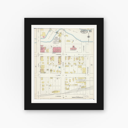 Old map wall art mockup — black gallery frame with white mat — Sanborn Fire Insurance Map from Fergus Falls, Otter Tail County, Minnesota (1915), Sheet #0011