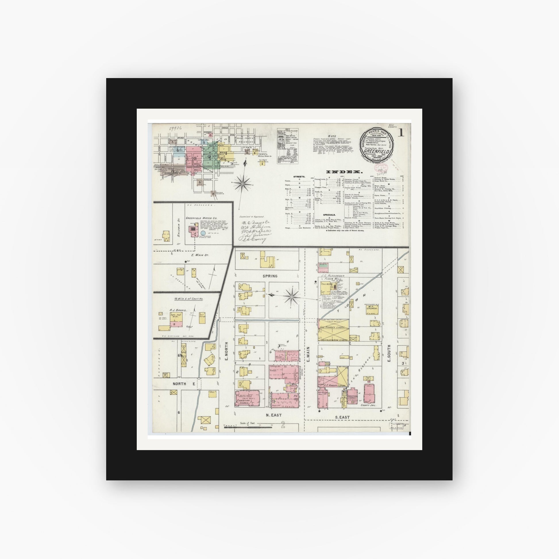 Old map wall art mockup — black gallery frame with white mat — Sanborn Fire Insurance Map from Greenfield, Hancock County, Indiana (1895) - Complete Map Set