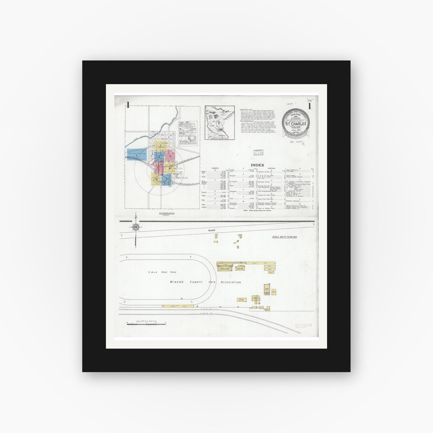 Old map wall art mockup — black gallery frame with white mat — Sanborn Fire Insurance Map from Saint Charles, Winona County, Minnesota (1927) - Complete Map Set