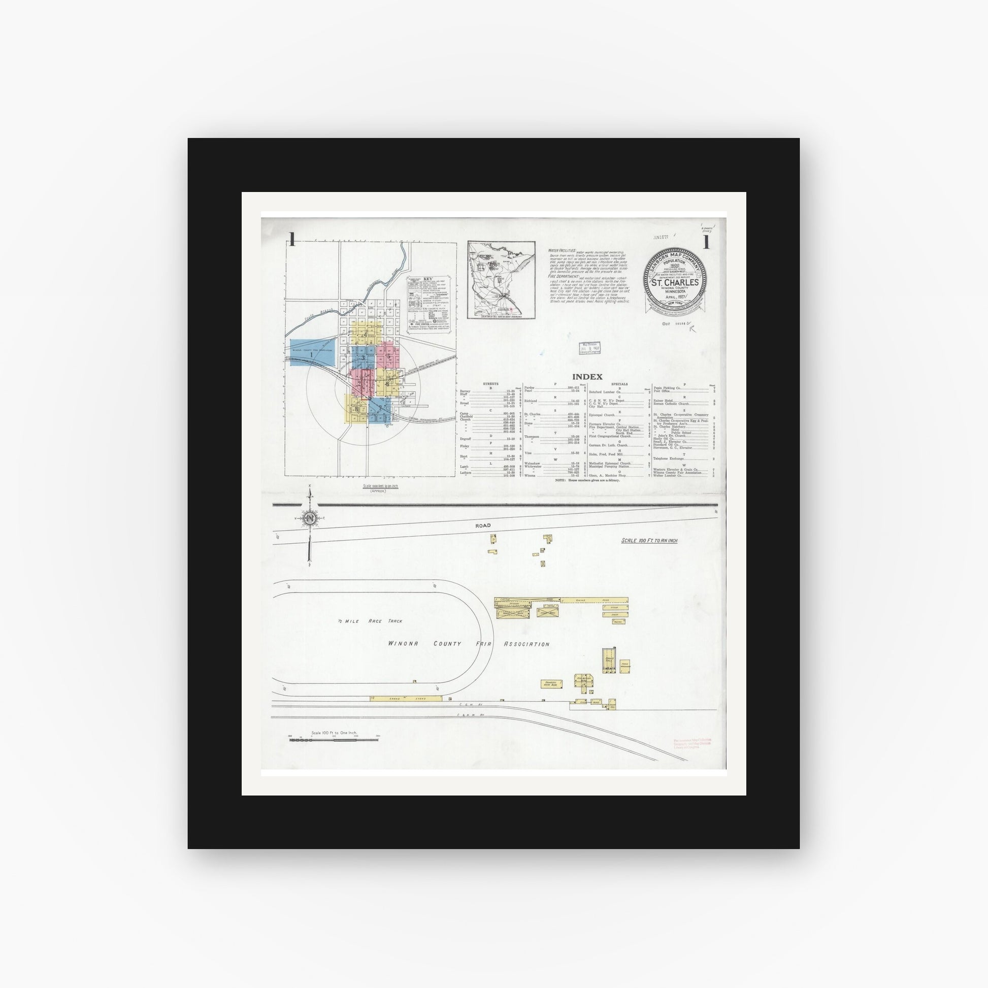 Old map wall art mockup — black gallery frame with white mat — Sanborn Fire Insurance Map from Saint Charles, Winona County, Minnesota (1927) - Complete Map Set