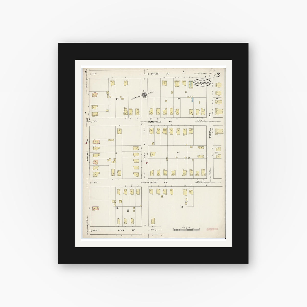 Old map wall art mockup — black gallery frame with white mat — Sanborn Fire Insurance Map from Collingswood, Camden County, New Jersey (1915), Sheet #0002