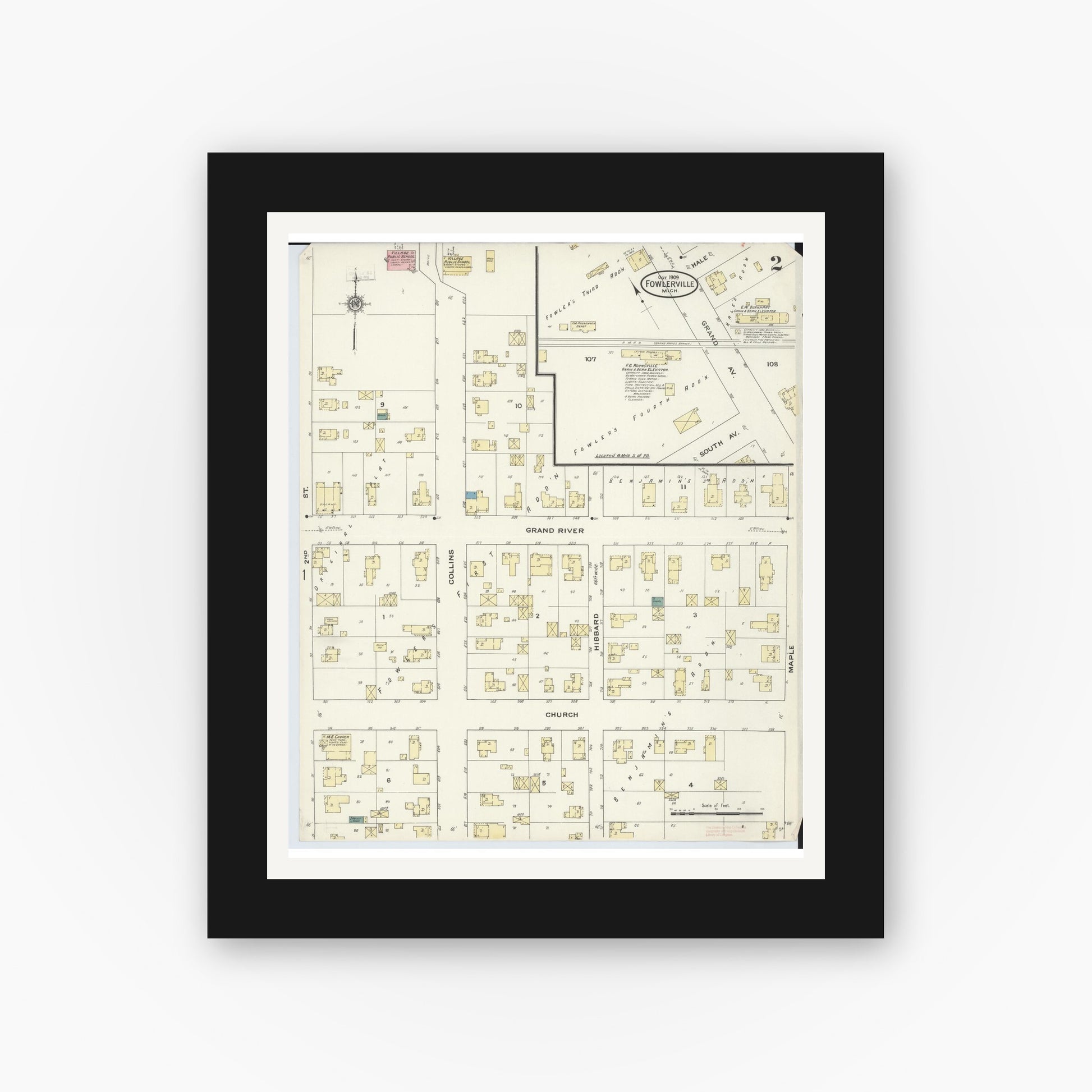 Old map wall art mockup — black gallery frame with white mat — Sanborn Fire Insurance Map from Fowlerville, Livingston County, Michigan (1909), Sheet #0002