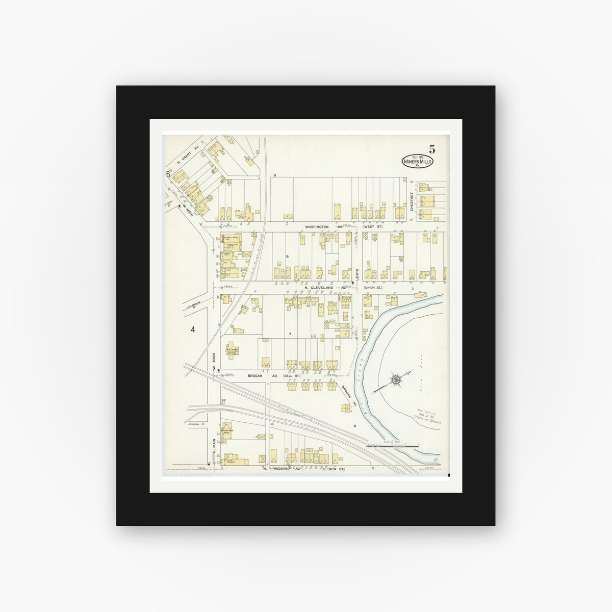Old map wall art mockup — black gallery frame with white mat — Sanborn Fire Insurance Map from Miners Mills, Luzerne County, Pennsylvania (1911), Sheet #0005
