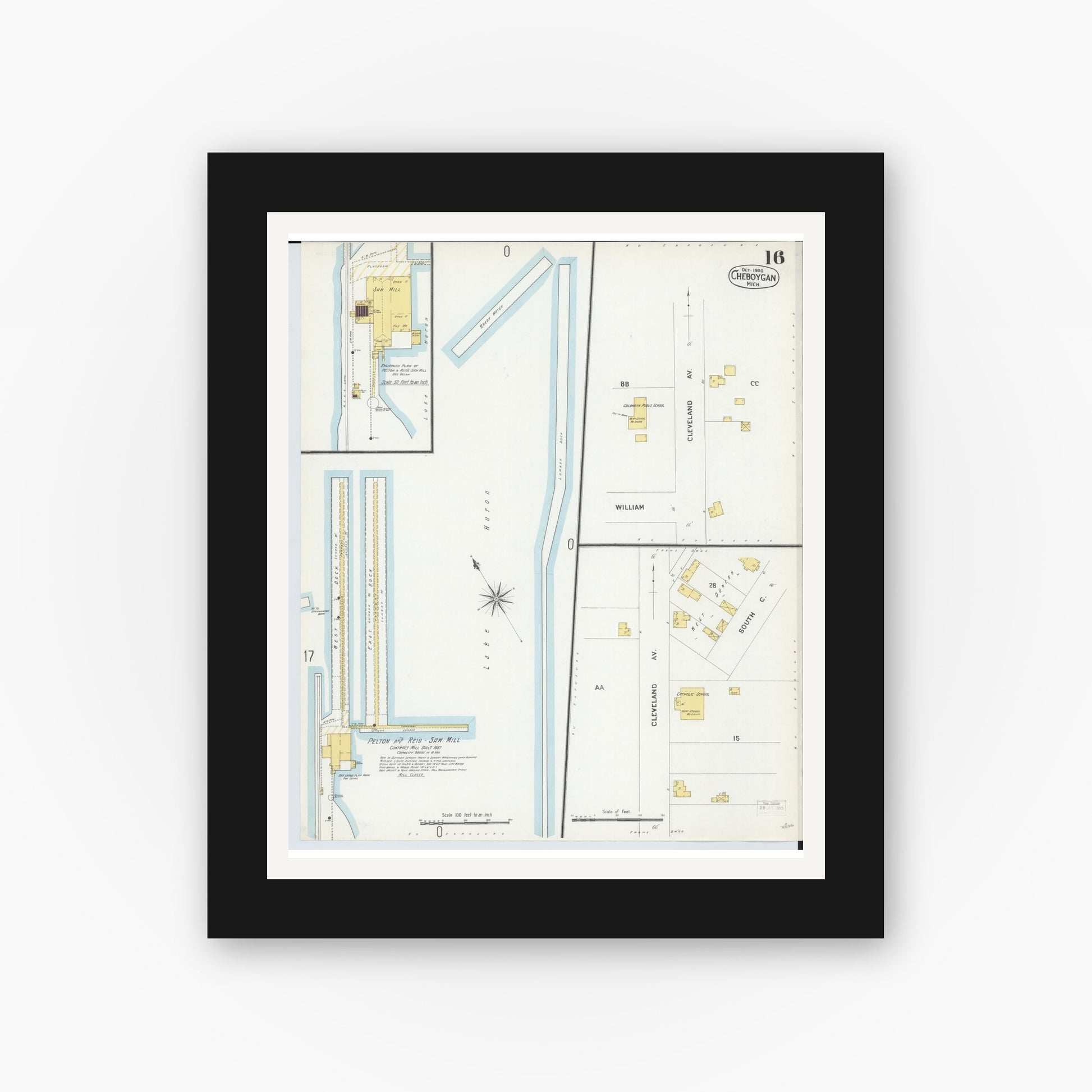 Old map wall art mockup — black gallery frame with white mat — Sanborn Fire Insurance Map from Cheboygan, Cheboygan County, Michigan (1900), Sheet #0016