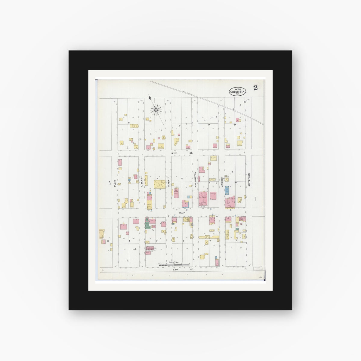 Old map wall art mockup — black gallery frame with white mat — Sanborn Fire Insurance Map from Columbia, Monroe County, Illinois (1906), Sheet #0002
