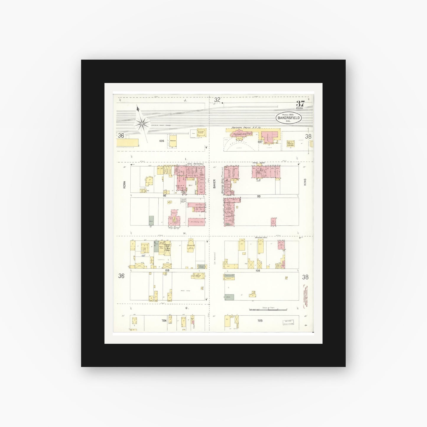 Old map wall art mockup — black gallery frame with white mat — Sanborn Fire Insurance Map from Bakersfield, Kern County, California (1905), Sheet #0037