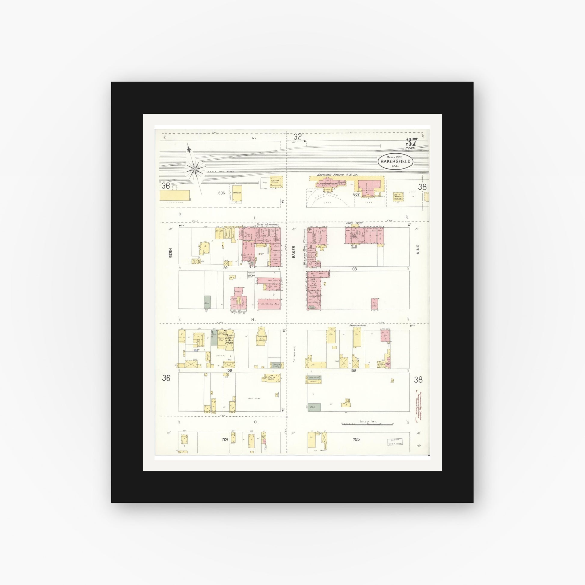 Old map wall art mockup — black gallery frame with white mat — Sanborn Fire Insurance Map from Bakersfield, Kern County, California (1905), Sheet #0037