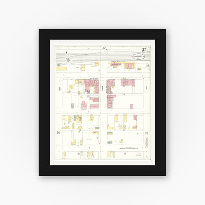 Old map wall art mockup — black gallery frame with white mat — Sanborn Fire Insurance Map from Bakersfield, Kern County, California (1905), Sheet #0037