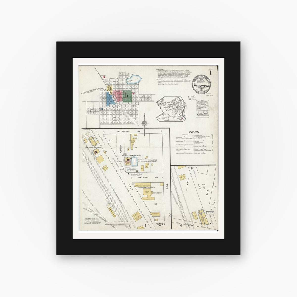 Old map wall art mockup — black gallery frame with white mat — Sanborn Fire Insurance Map from Harlingen, Cameron County, Texas (1919), Sheet #0001