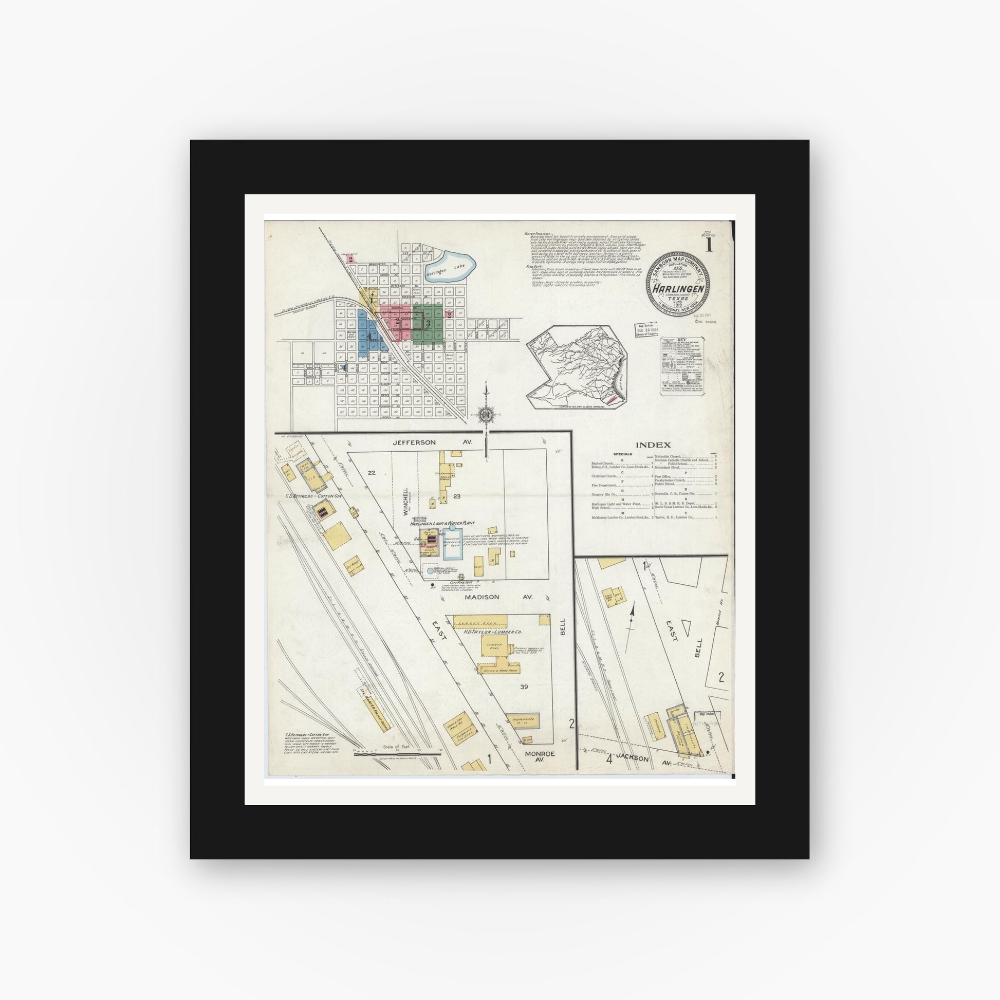 Old map wall art mockup — black gallery frame with white mat — Sanborn Fire Insurance Map from Harlingen, Cameron County, Texas (1919), Sheet #0001