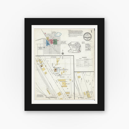 Old map wall art mockup — black gallery frame with white mat — Sanborn Fire Insurance Map from Harlingen, Cameron County, Texas (1919), Sheet #0001