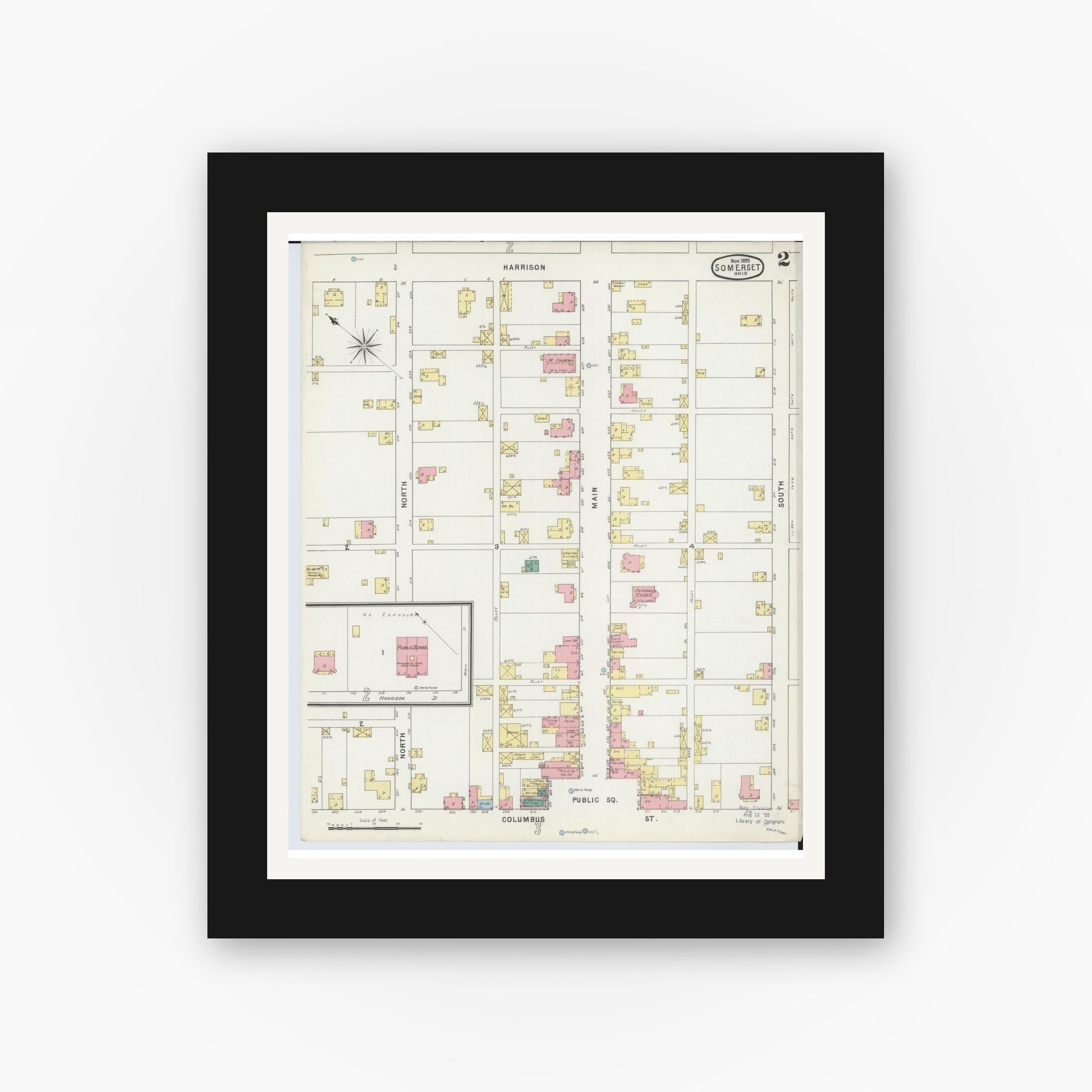 Old map wall art mockup — black gallery frame with white mat — Sanborn Fire Insurance Map from Somerset, Perry County, Ohio (1895), Sheet #0002