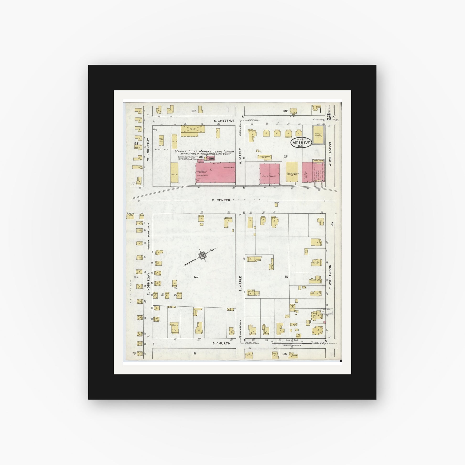 Old map wall art mockup — black gallery frame with white mat — Sanborn Fire Insurance Map from Mount Olive, Wayne County, North Carolina (1920), Sheet #0005
