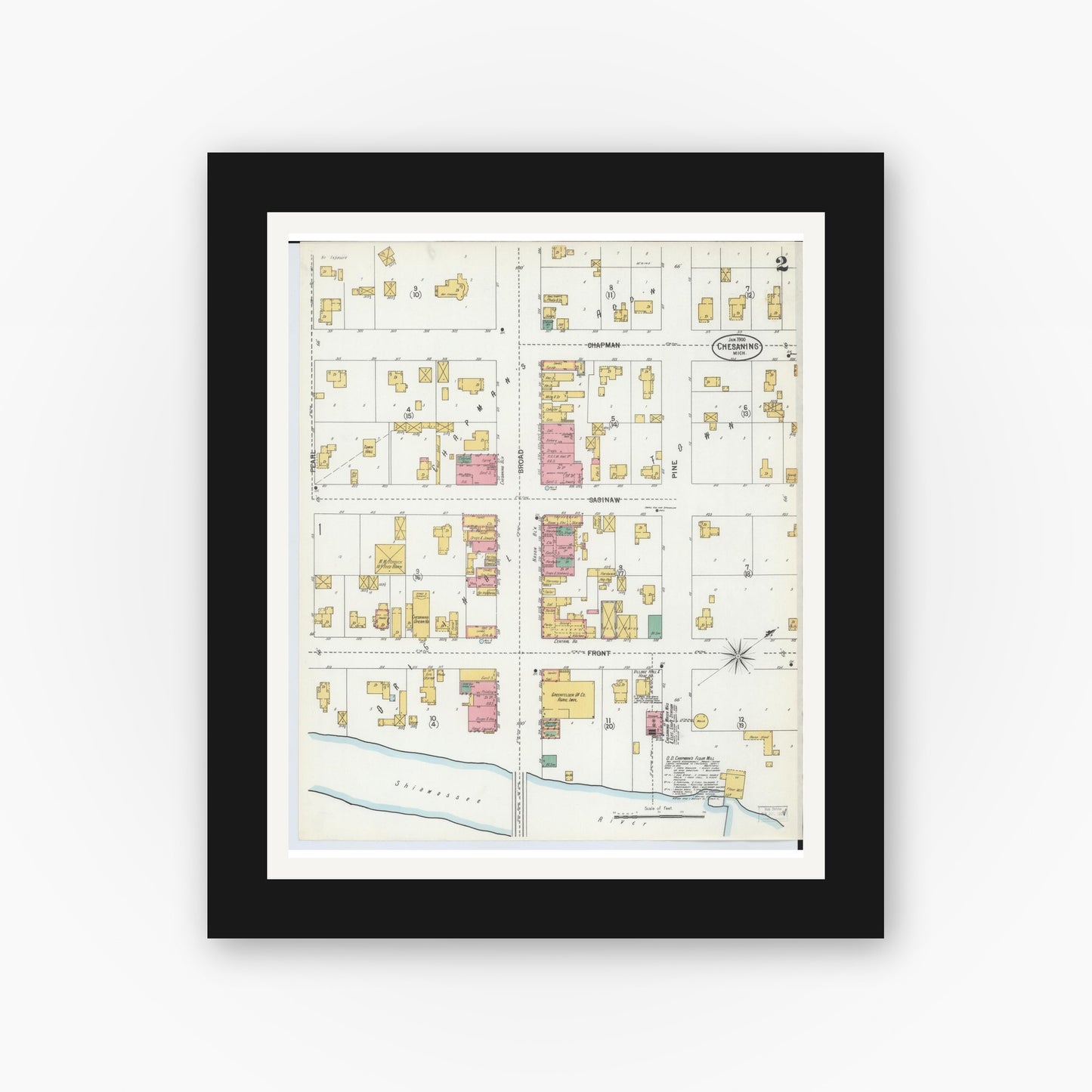 Old map wall art mockup — black gallery frame with white mat — Sanborn Fire Insurance Map from Chesaning, Saginaw County, Michigan (1900), Sheet #0002