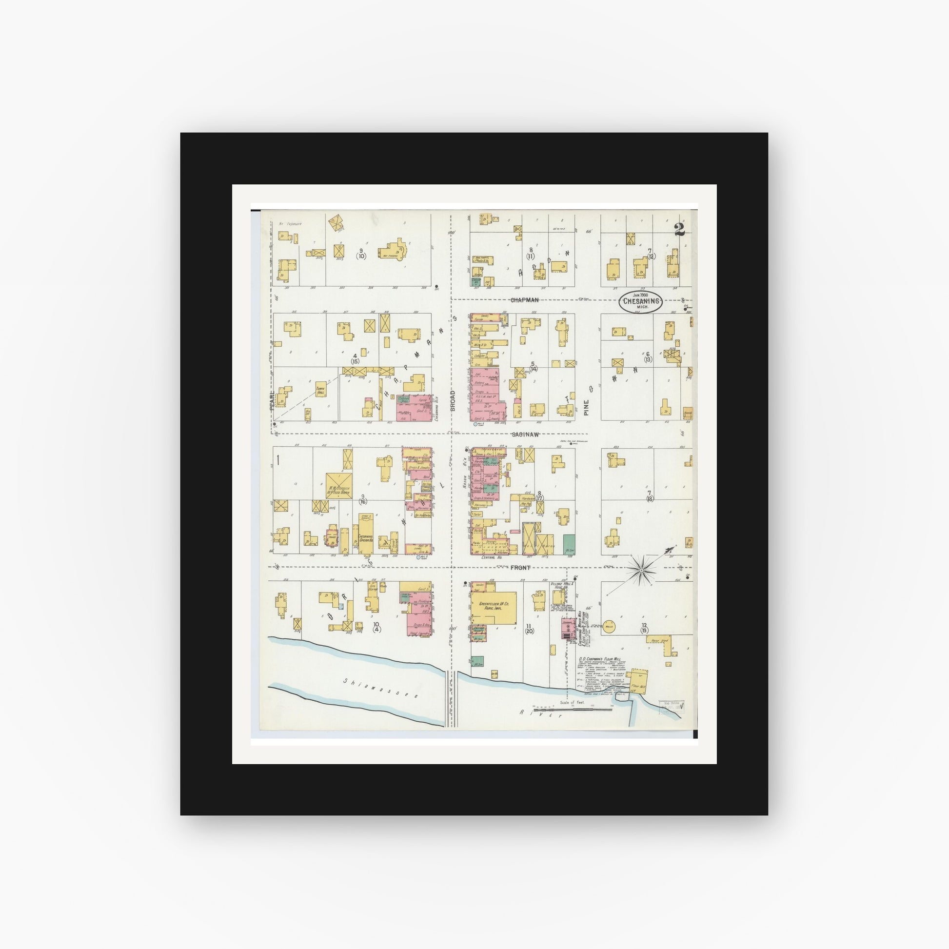 Old map wall art mockup — black gallery frame with white mat — Sanborn Fire Insurance Map from Chesaning, Saginaw County, Michigan (1900), Sheet #0002
