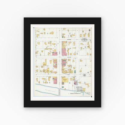 Old map wall art mockup — black gallery frame with white mat — Sanborn Fire Insurance Map from Chesaning, Saginaw County, Michigan (1900), Sheet #0002