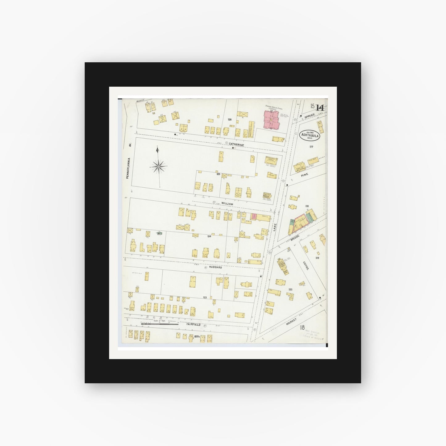 Old map wall art mockup — black gallery frame with white mat — Sanborn Fire Insurance Map from Ashtabula, Ashtabula County, Ohio (1903), Sheet #0014
