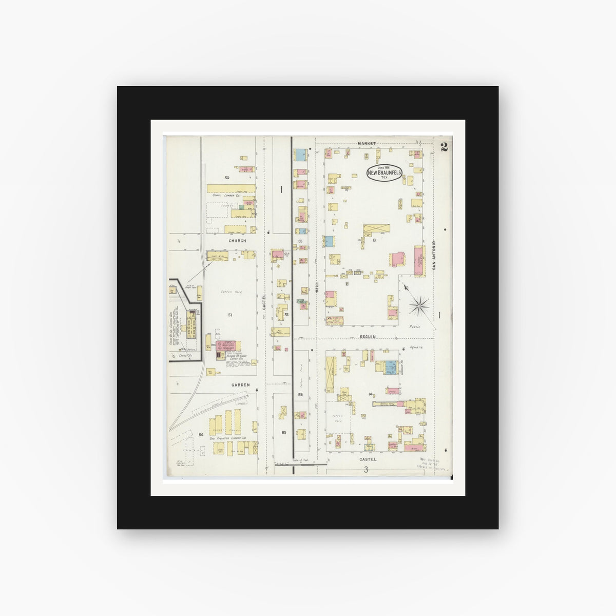 Old map wall art mockup — black gallery frame with white mat — Sanborn Fire Insurance Map from New Braunfels, Comal County, Texas (1896), Sheet #0002