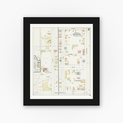 Old map wall art mockup — black gallery frame with white mat — Sanborn Fire Insurance Map from New Braunfels, Comal County, Texas (1896), Sheet #0002