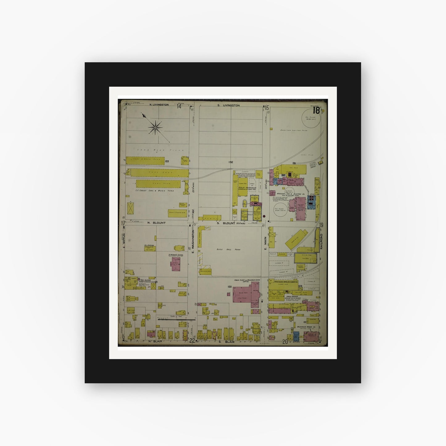Old map wall art mockup — black gallery frame with white mat — Sanborn Fire Insurance Map from Madison, Dane County, Wisconsin (1908), Sheet #0018