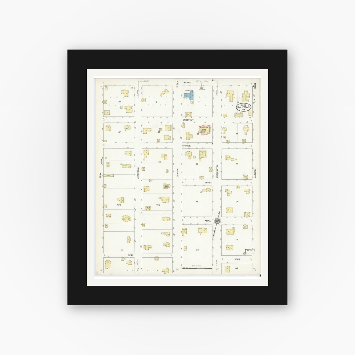 Old map wall art mockup — black gallery frame with white mat — Sanborn Fire Insurance Map from Kaufman, Kaufman County, Texas (1912), Sheet #0004