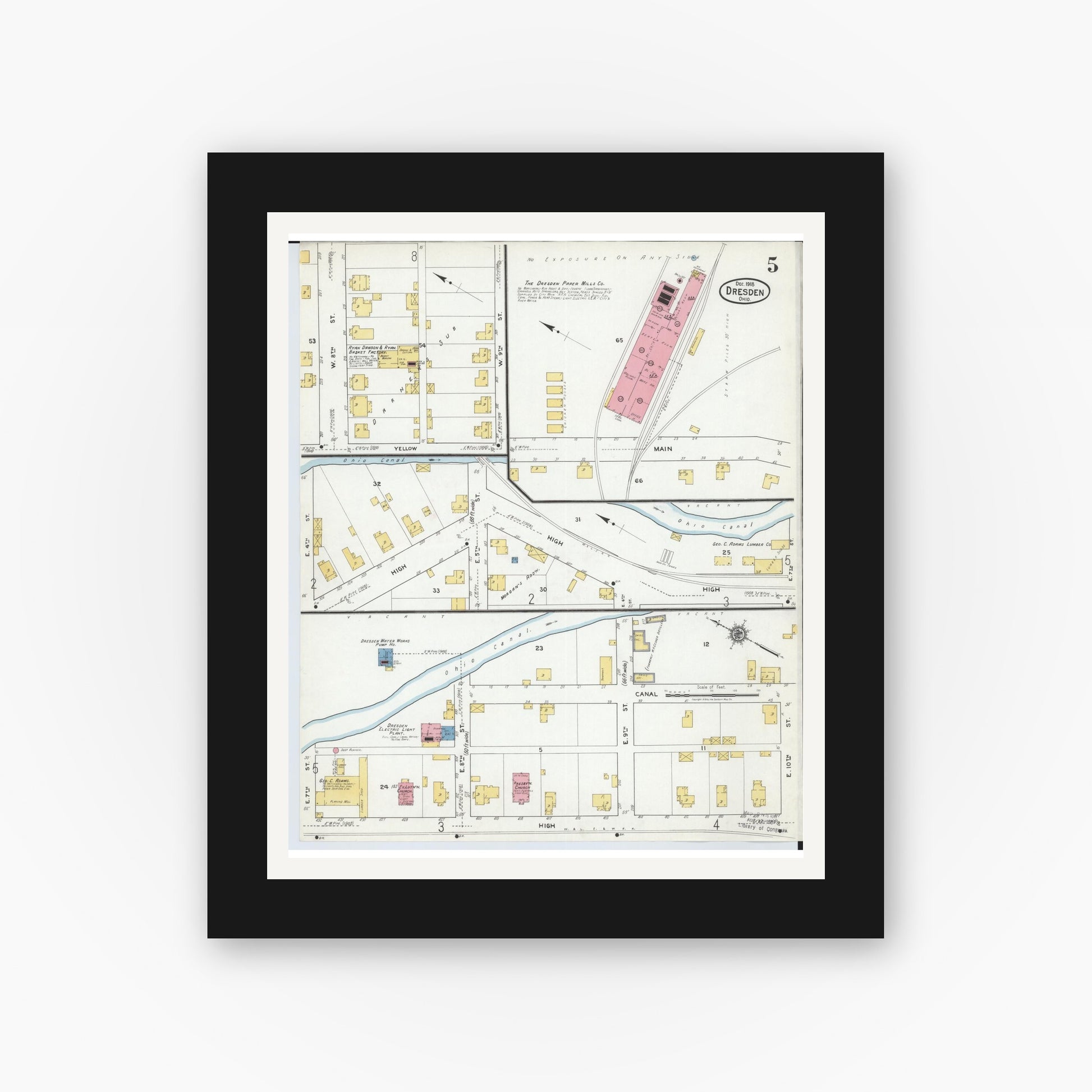 Old map wall art mockup — black gallery frame with white mat — Sanborn Fire Insurance Map from Dresden, Muskingum County, Ohio (1918), Sheet #0005