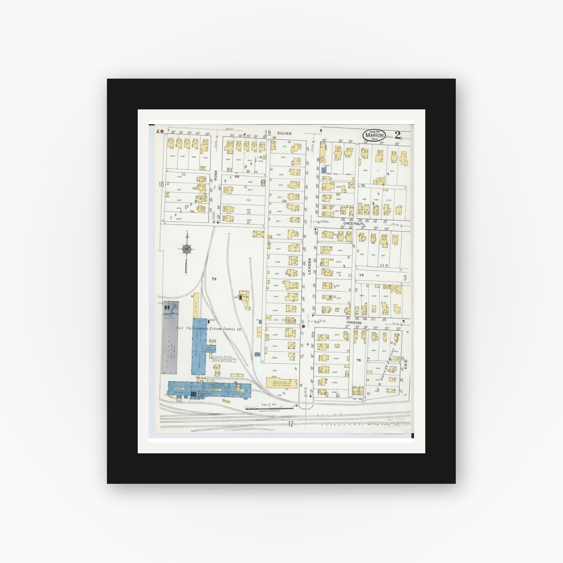 Old map wall art mockup — black gallery frame with white mat — Sanborn Fire Insurance Map from Marion, Marion County, Ohio (1919) - Complete Map Set