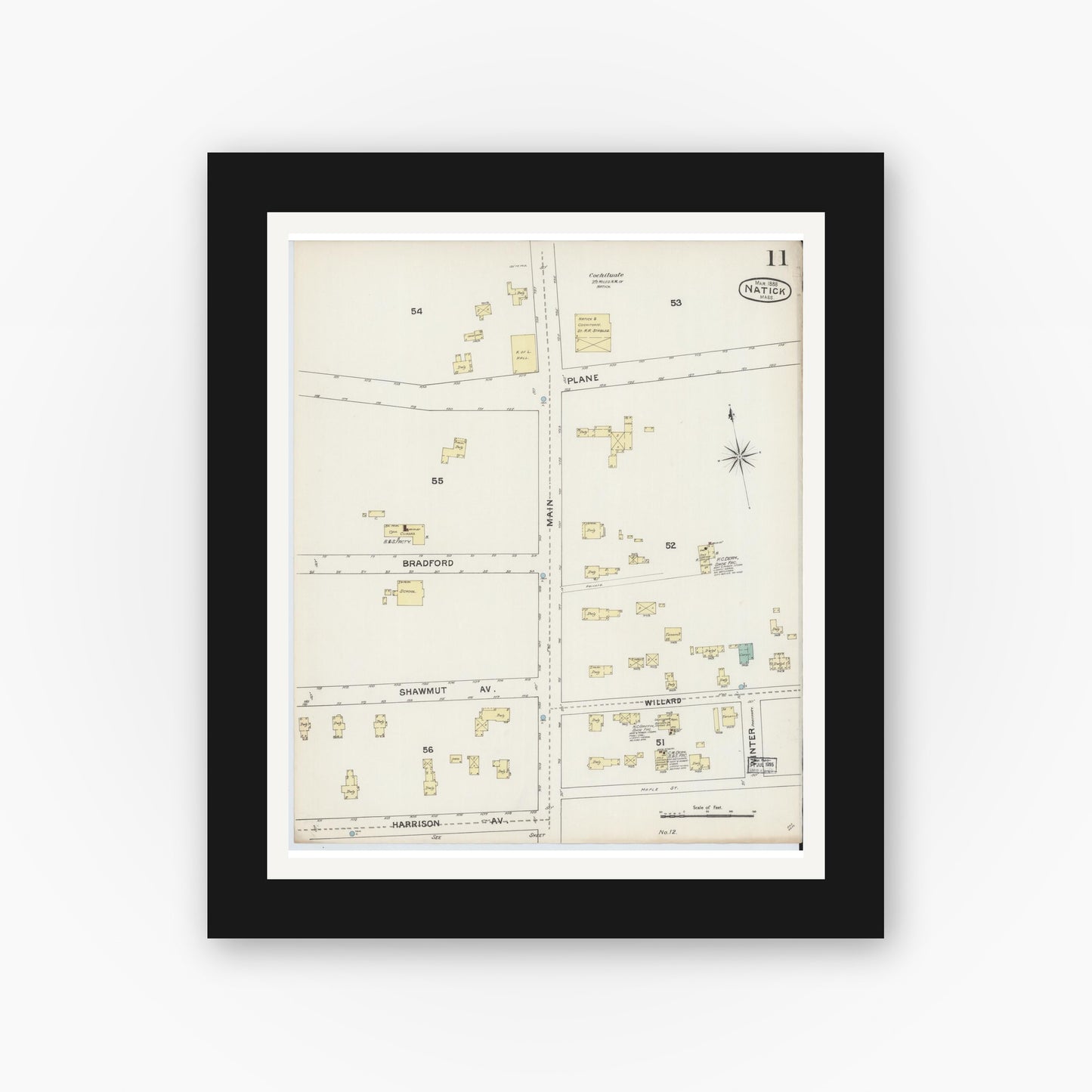 Old map wall art mockup — black gallery frame with white mat — Sanborn Fire Insurance Map from Natick, Middlesex County, Massachusetts (1888), Sheet #0011