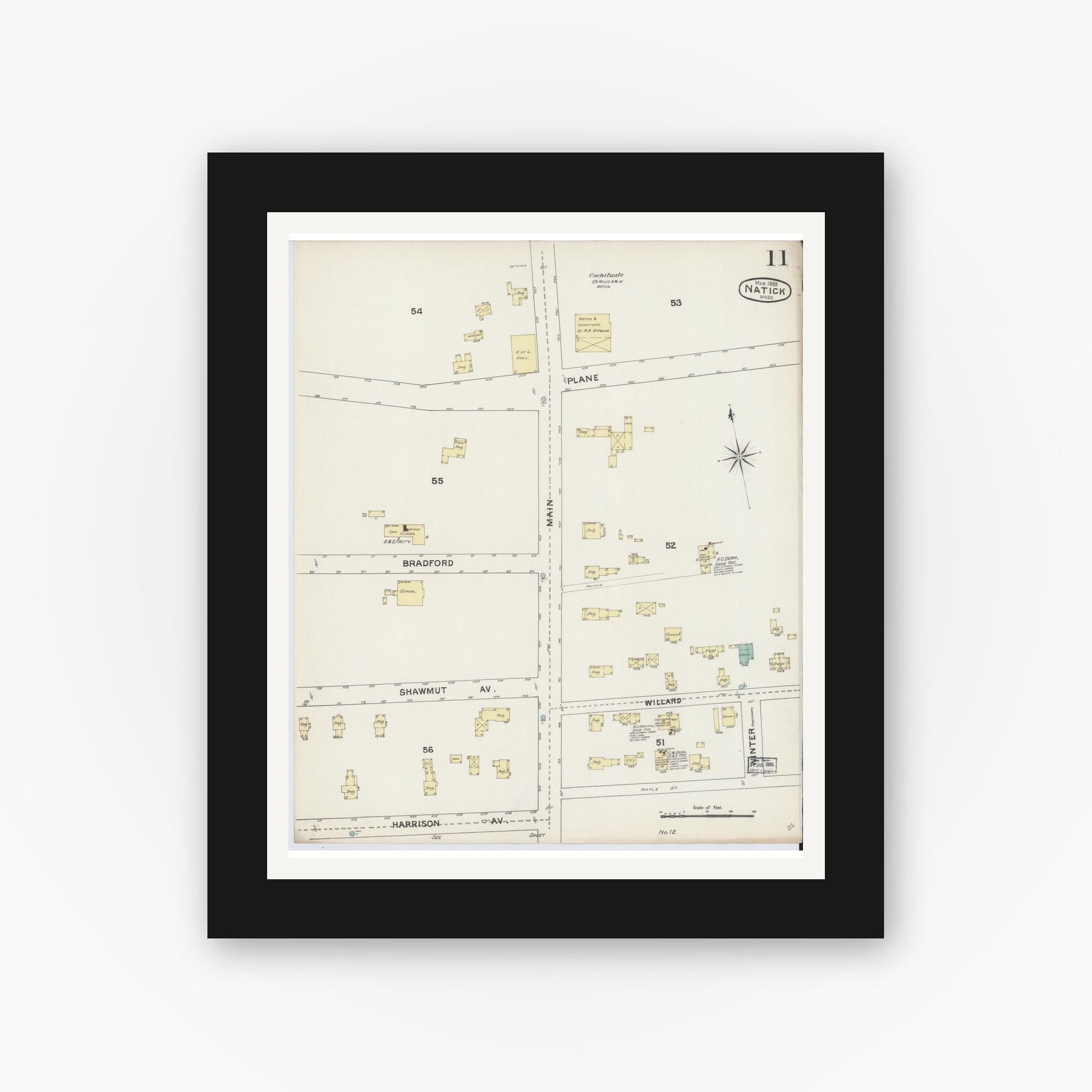 Old map wall art mockup — black gallery frame with white mat — Sanborn Fire Insurance Map from Natick, Middlesex County, Massachusetts (1888), Sheet #0011