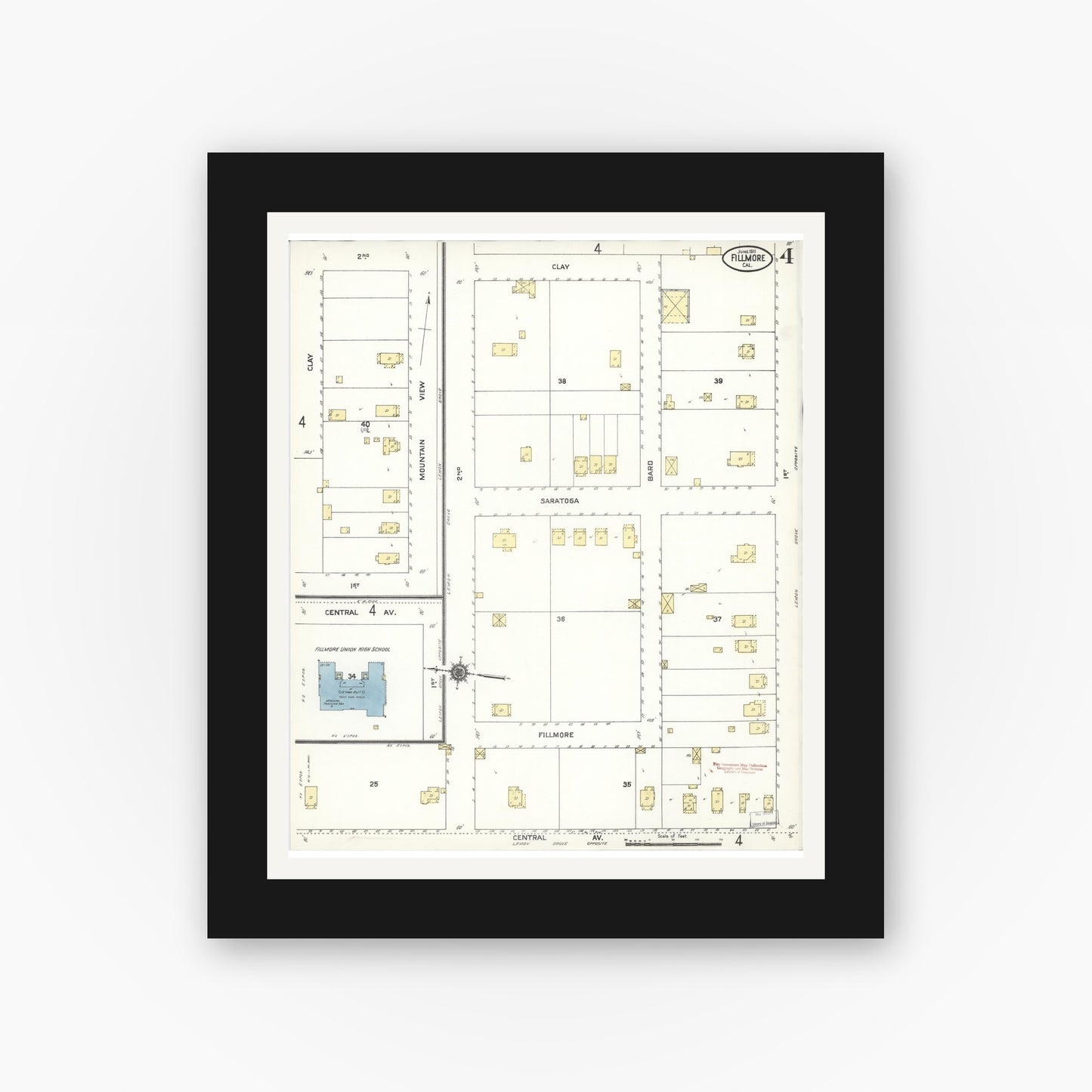 Old map wall art mockup — black gallery frame with white mat — Sanborn Fire Insurance Map from Fillmore, Ventura County, California (1911), Sheet #0004