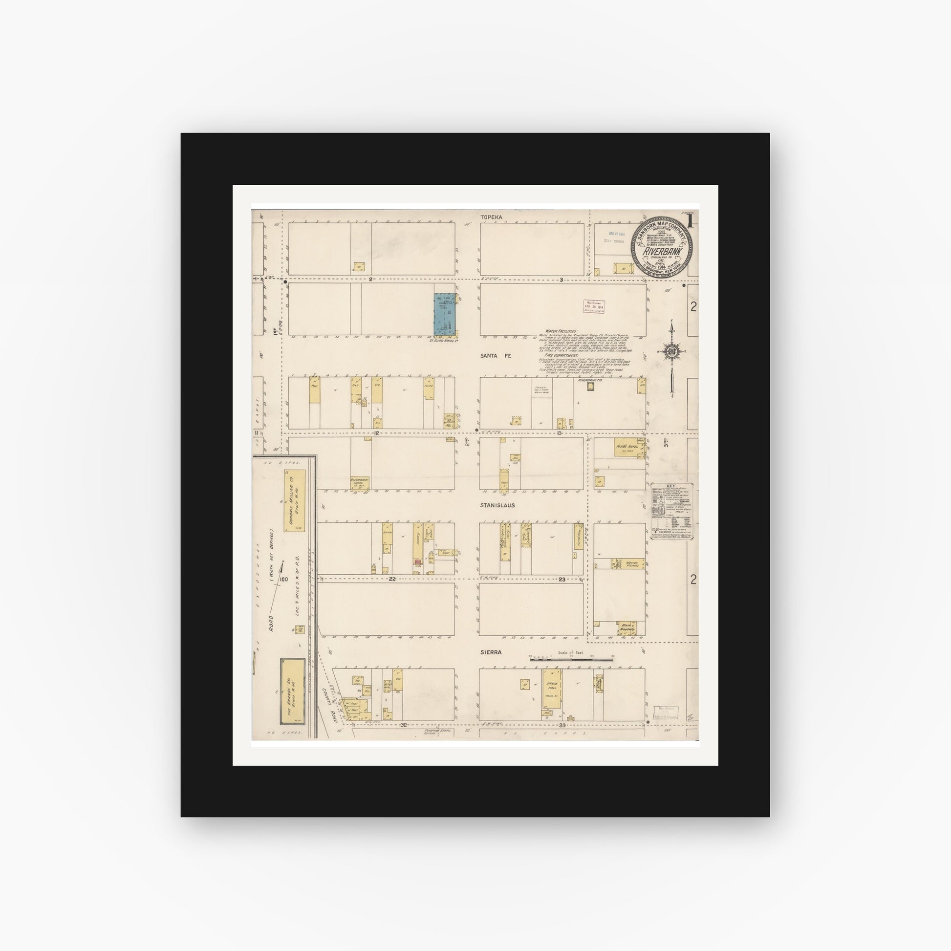 Old map wall art mockup — black gallery frame with white mat — Sanborn Fire Insurance Map from Riverbank, Stanislaus County, California (1914) - Complete Map Set