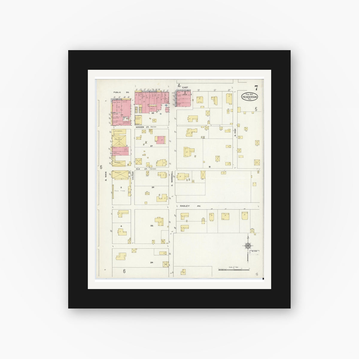 Old map wall art mockup — black gallery frame with white mat — Sanborn Fire Insurance Map from Henderson, Rusk County, Texas (1912), Sheet #0007