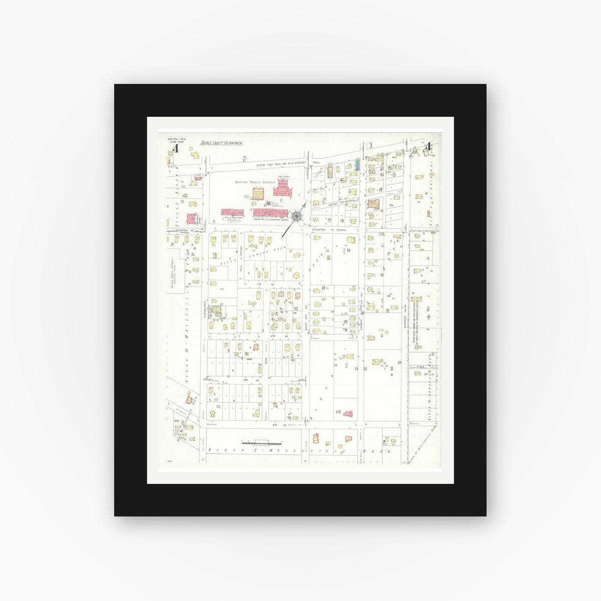Old map wall art mockup — black gallery frame with white mat — Sanborn Fire Insurance Map from Dayton, Liberty County, Texas (1943), Sheet #0004