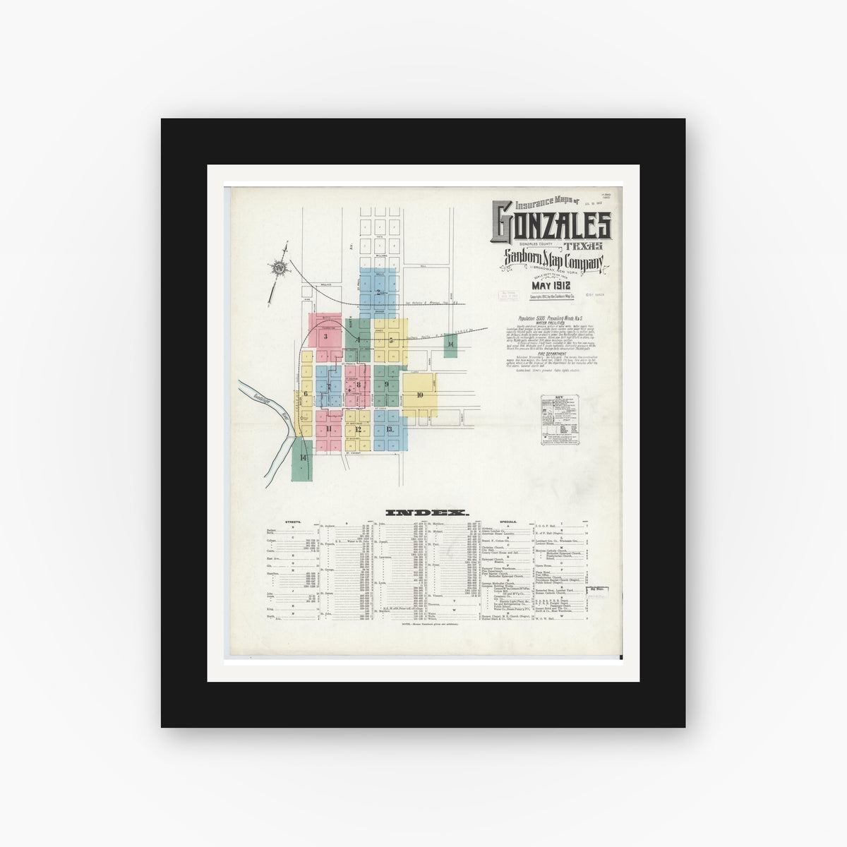 Old map wall art mockup — black gallery frame with white mat — Sanborn Fire Insurance Map from Gonzales, Gonzales County, Texas (1912), Sheet #0001