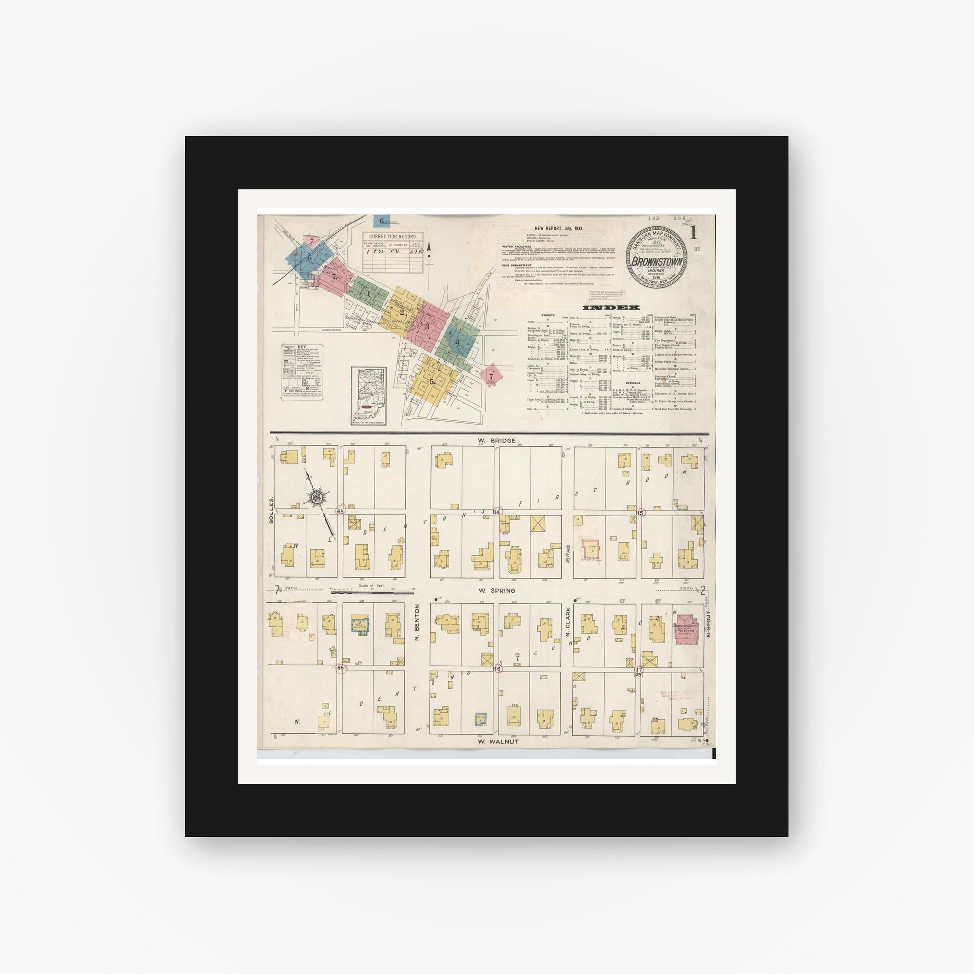 Old map wall art mockup — black gallery frame with white mat — Sanborn Fire Insurance Map from Brownstown, Jackson County, Indiana (1933) - Complete Map Set