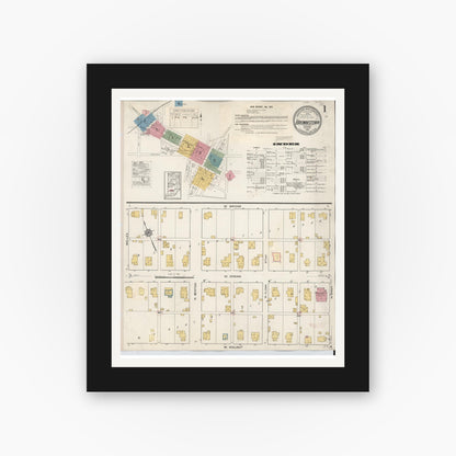 Old map wall art mockup — black gallery frame with white mat — Sanborn Fire Insurance Map from Brownstown, Jackson County, Indiana (1933) - Complete Map Set