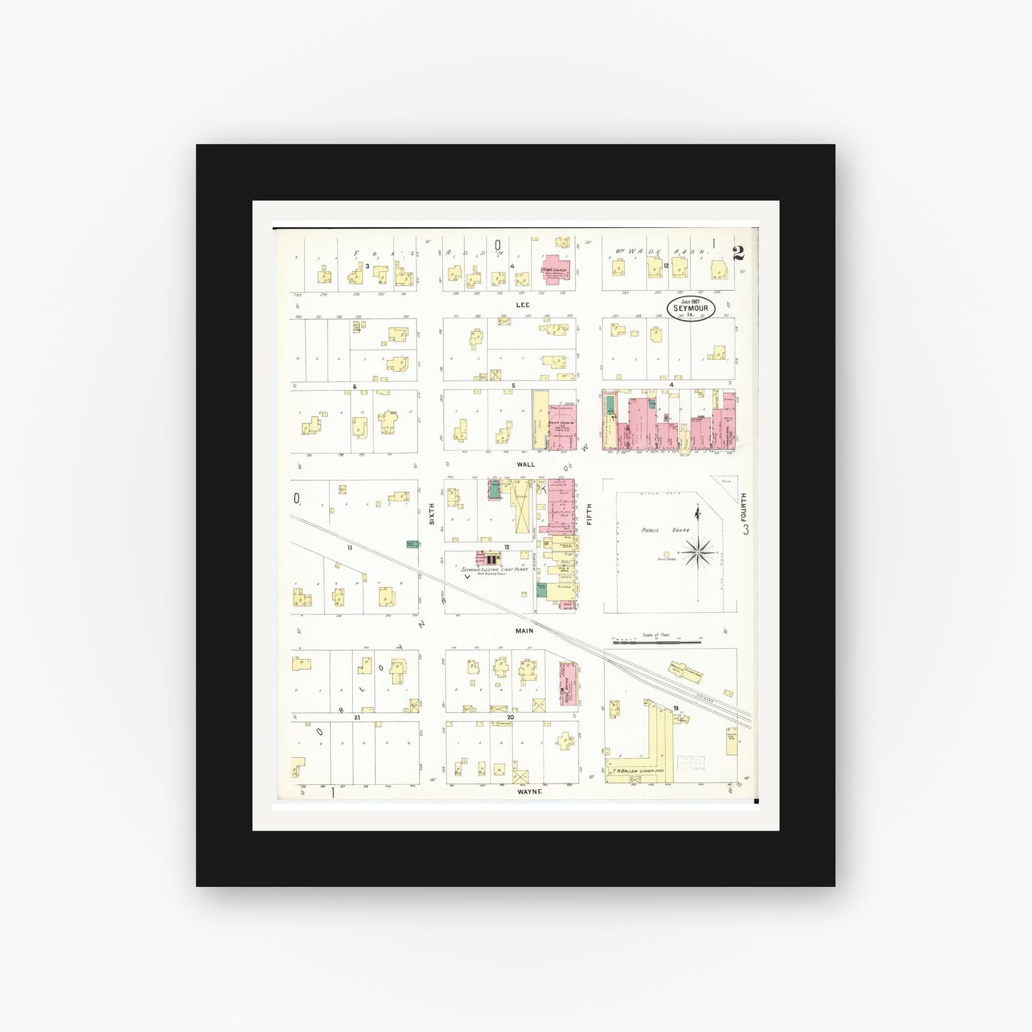 Old map wall art mockup — black gallery frame with white mat — Sanborn Fire Insurance Map from Seymour, Wayne County, Iowa (1907), Sheet #0002