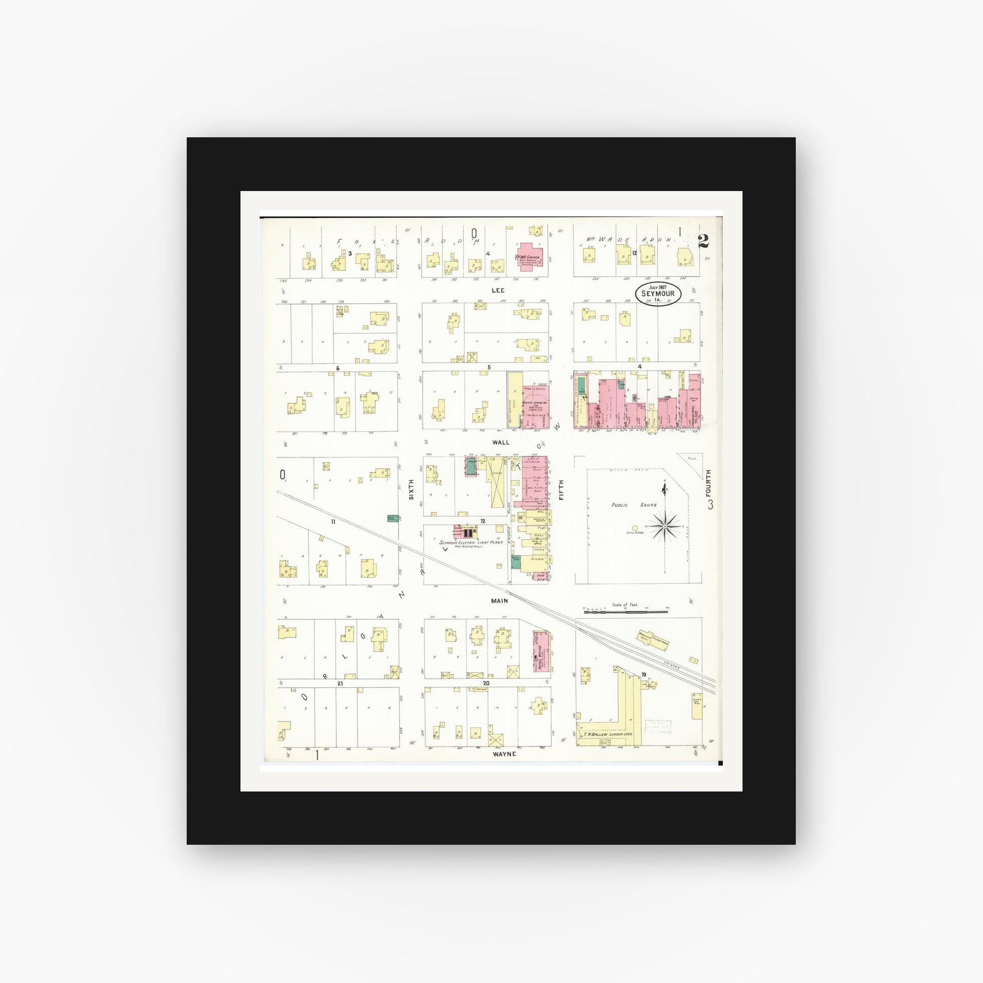 Old map wall art mockup — black gallery frame with white mat — Sanborn Fire Insurance Map from Seymour, Wayne County, Iowa (1907), Sheet #0002