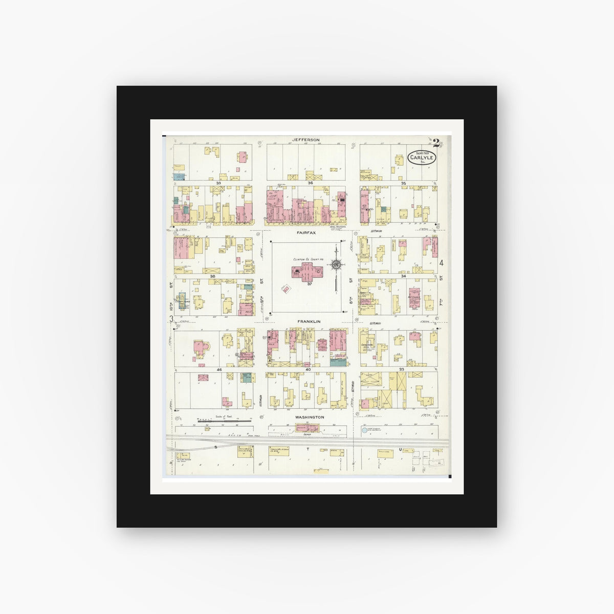 Old map wall art mockup — black gallery frame with white mat — Sanborn Fire Insurance Map from Carlyle, Clinton County, Illinois (1909), Sheet #0002