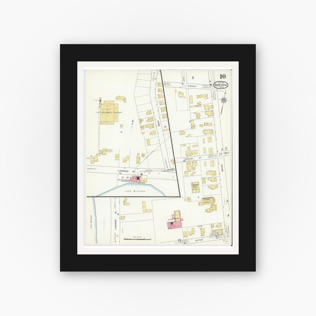 Old map wall art mockup — black gallery frame with white mat — Sanborn Fire Insurance Map from Marlborough, Middlesex County, Massachusetts (1912), Sheet #0010