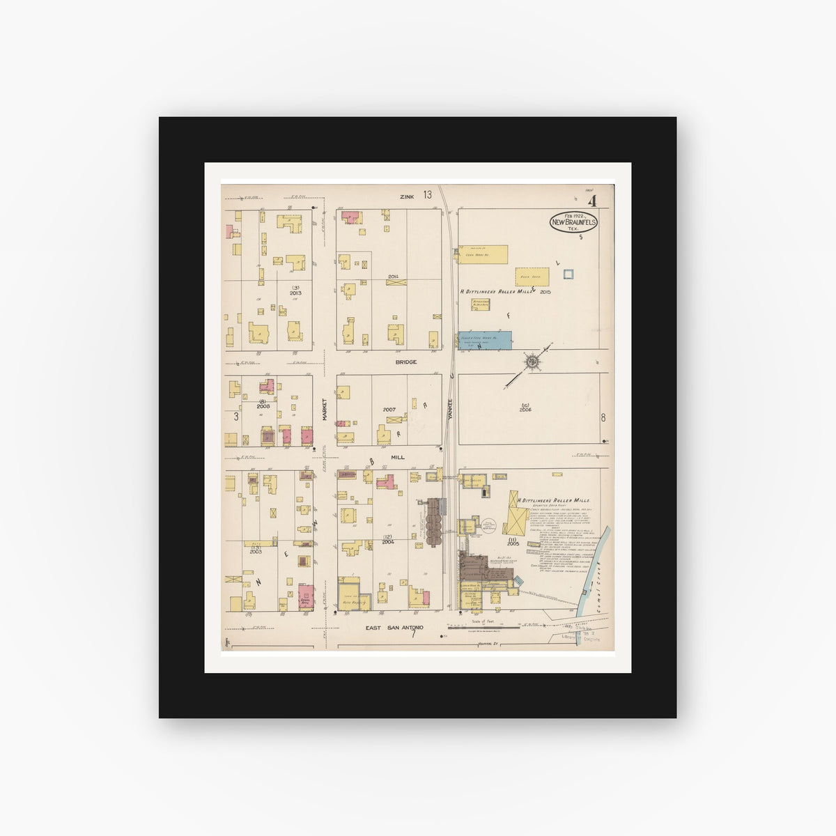 Old map wall art mockup — black gallery frame with white mat — Sanborn Fire Insurance Map from New Braunfels, Comal County, Texas (1922), Sheet #0004