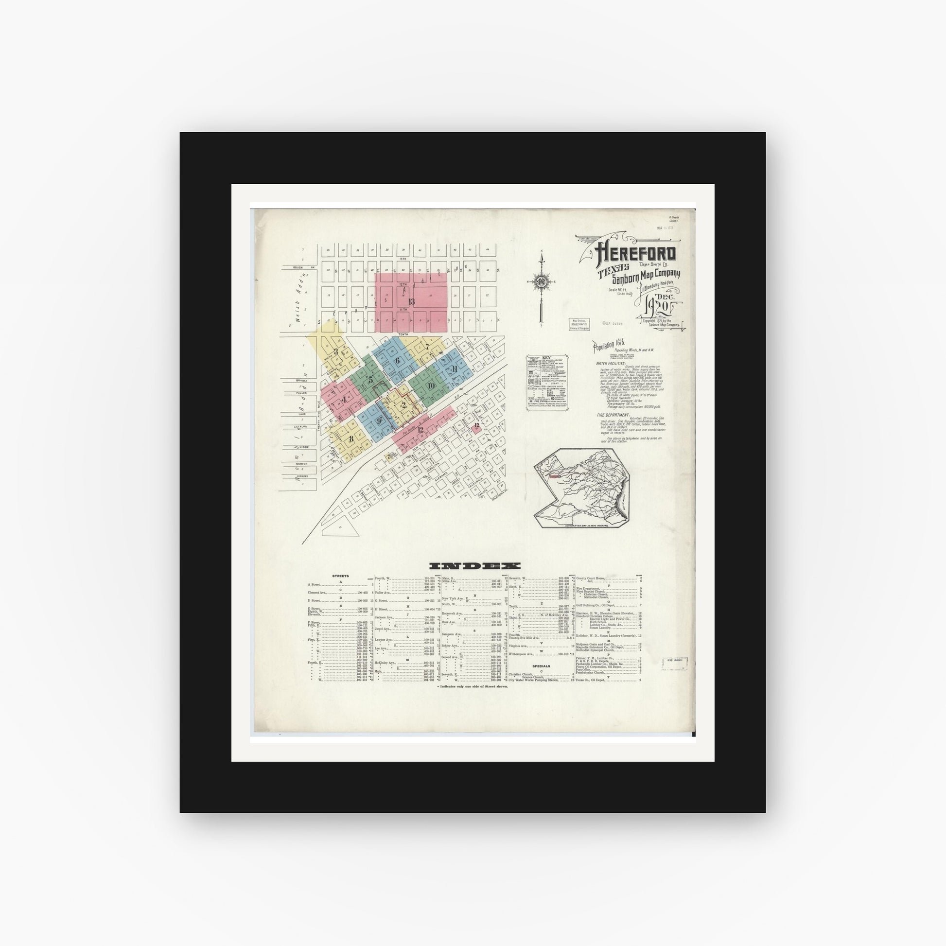 Old map wall art mockup — black gallery frame with white mat — Sanborn Fire Insurance Map from Hereford, Deaf Smith County, Texas (1920) - Complete Map Set