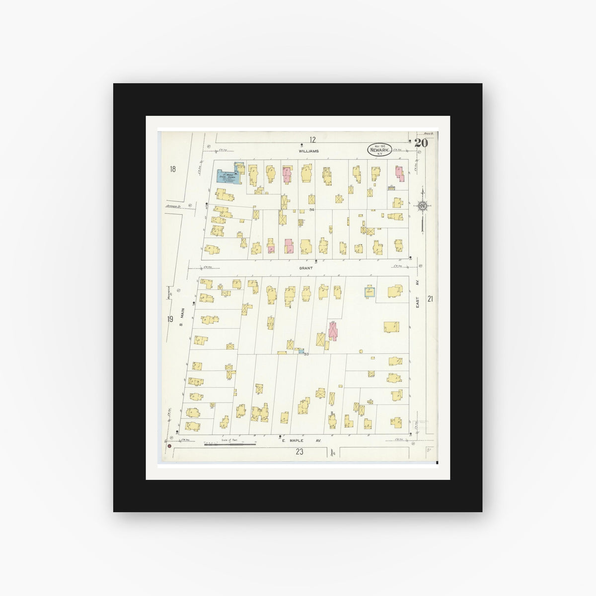 Old map wall art mockup — black gallery frame with white mat — Sanborn Fire Insurance Map from Newark, Wayne County, New York (1912), Sheet #0020