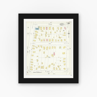 Old map wall art mockup — black gallery frame with white mat — Sanborn Fire Insurance Map from Newark, Wayne County, New York (1912), Sheet #0020