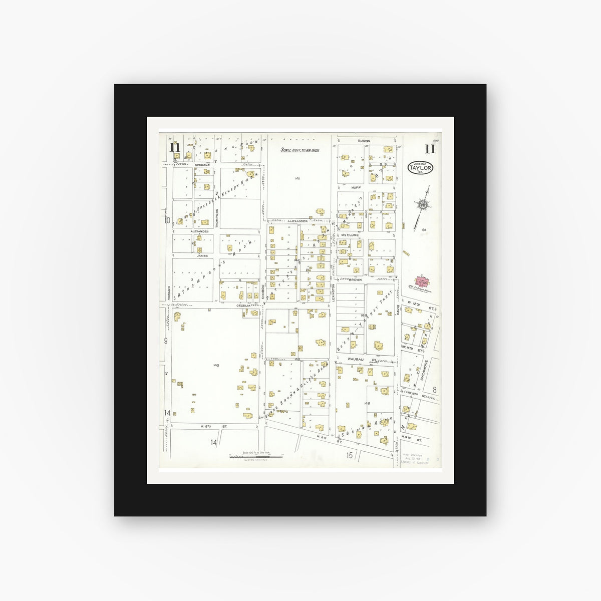 Old map wall art mockup — black gallery frame with white mat — Sanborn Fire Insurance Map from Taylor, Williamson County, Texas (1923), Sheet #0011