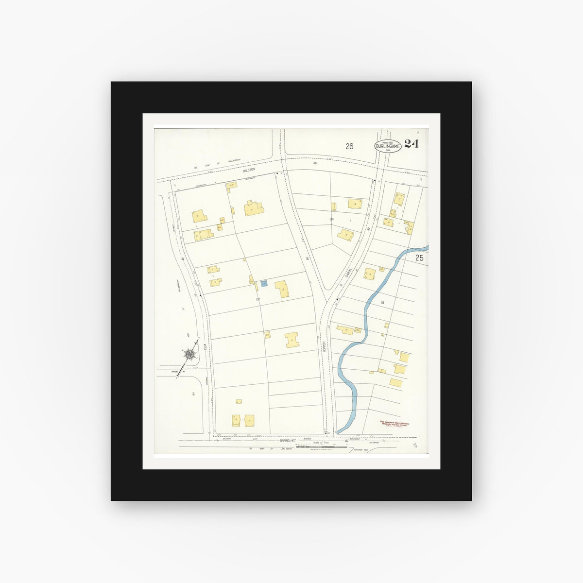Old map wall art mockup — black gallery frame with white mat — Sanborn Fire Insurance Map from Burlingame, San Mateo County, California (1921), Sheet #0024
