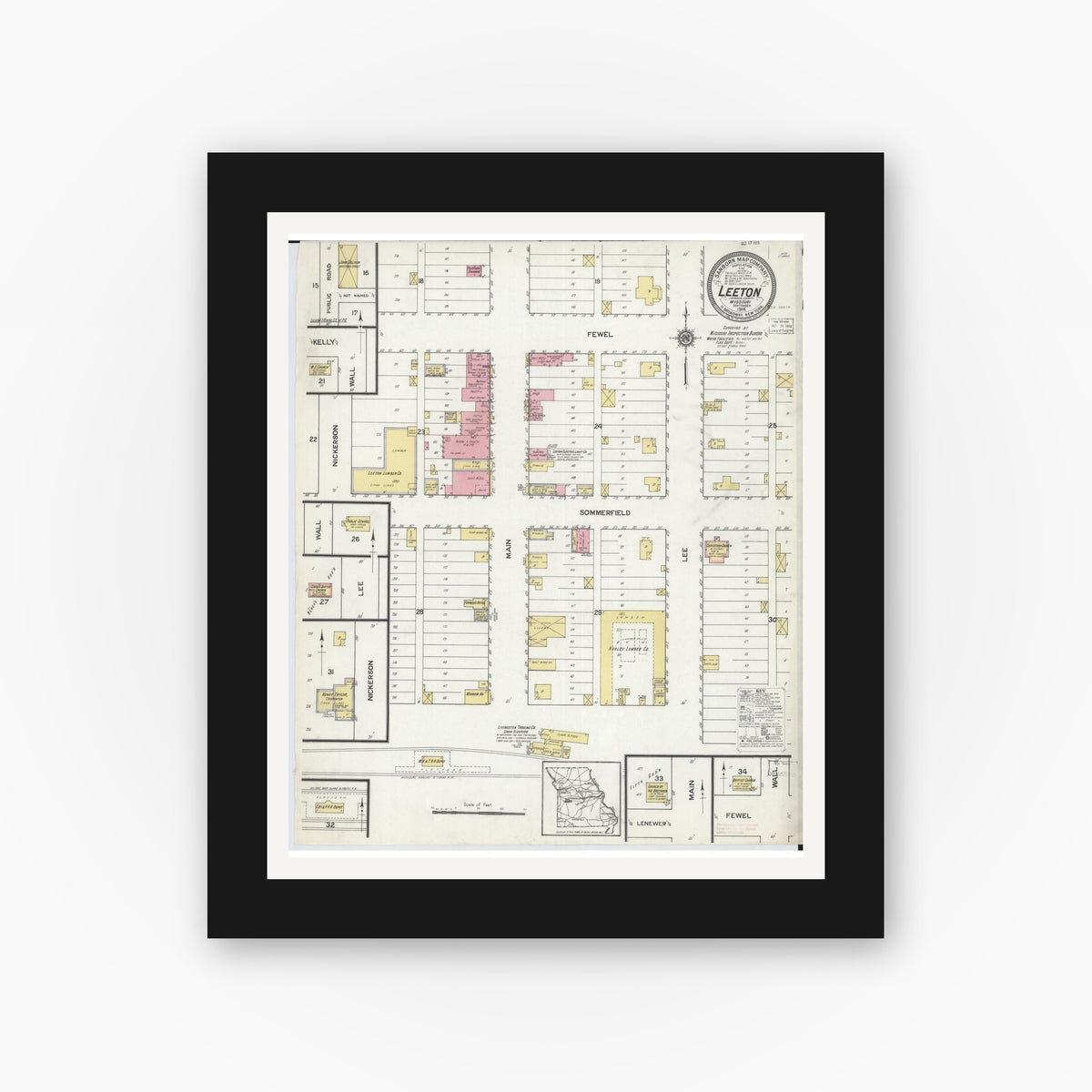 Old map wall art mockup — black gallery frame with white mat — Sanborn Fire Insurance Map from Leeton, Johnson County, Missouri (1916), Sheet #0001