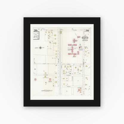 Old map wall art mockup — black gallery frame with white mat — Sanborn Fire Insurance Map from Burlington, Alamance County, North Carolina (1929), Sheet #0030